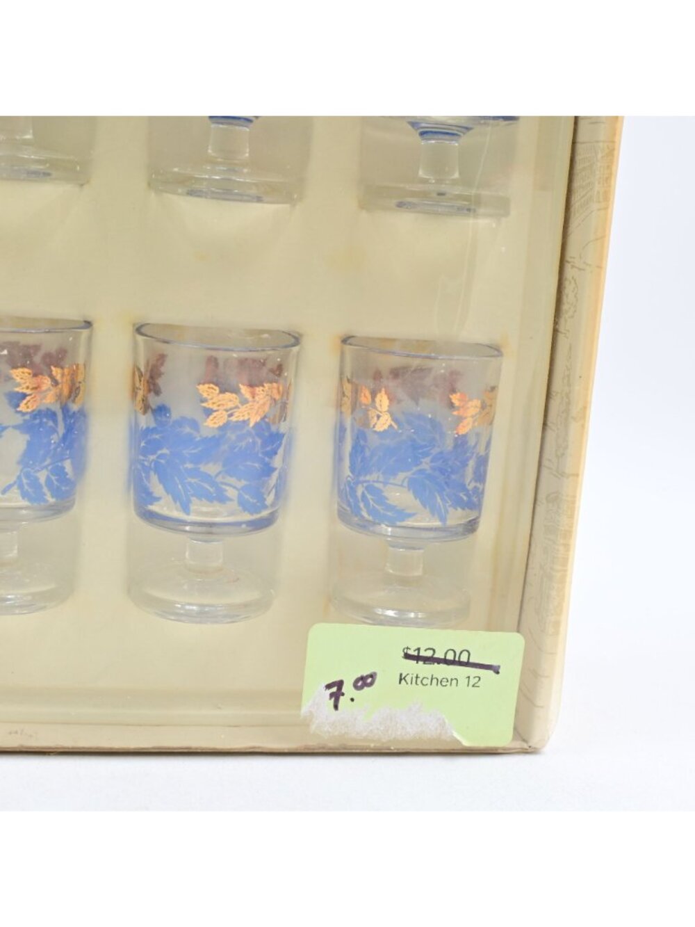 Luminarc Blue Gold Leaves Decanter & 6 Cordial Shot Glasses Boxed Set Vintage - Picture 5 of 8